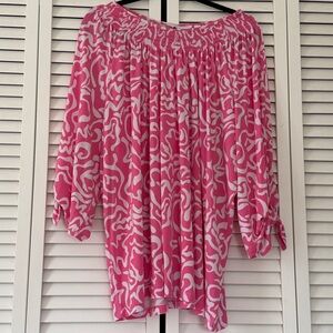 Susan‎ Graver Liquid Knit Smock-Neck 3/4 Sleeve Top With Tie Detail Pink 2X New